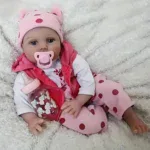 Entzückende Babypuppe mit rosa Schweinchenmütze und Schnuller, die ein Fläschchen hält.