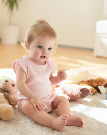 Adorável boneca bebê com olhos verdes e cabelo implantado, sentada em um tapete macio com brinquedos.
