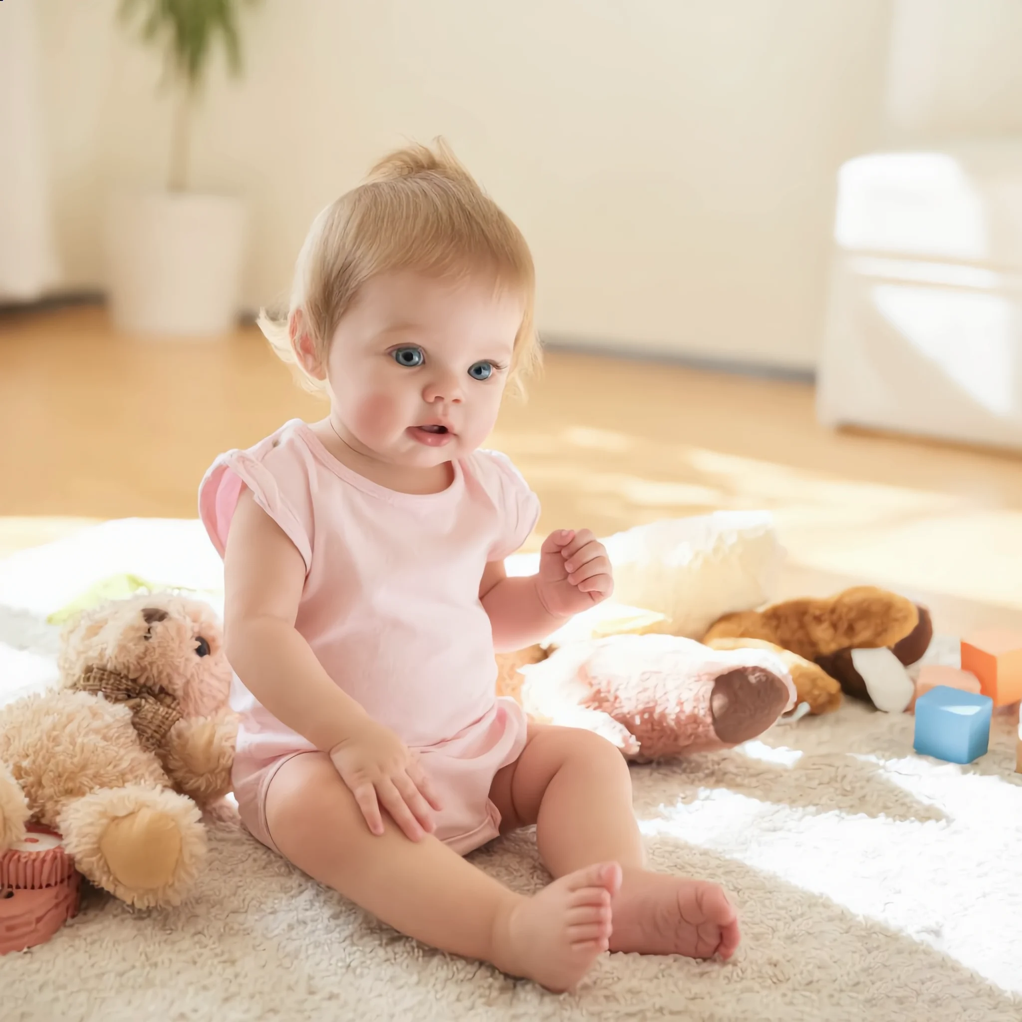 Wren zelenooka deklica prerojena lutka Čudovita deklica z zelenimi očmi in ukoreninjenimi lasmi, ki sedi na mehki preprogi z igračami.