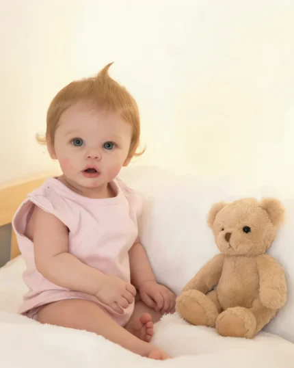 Adorable bebé niña de ojos verdes sentada en la cama con un osito de peluche.