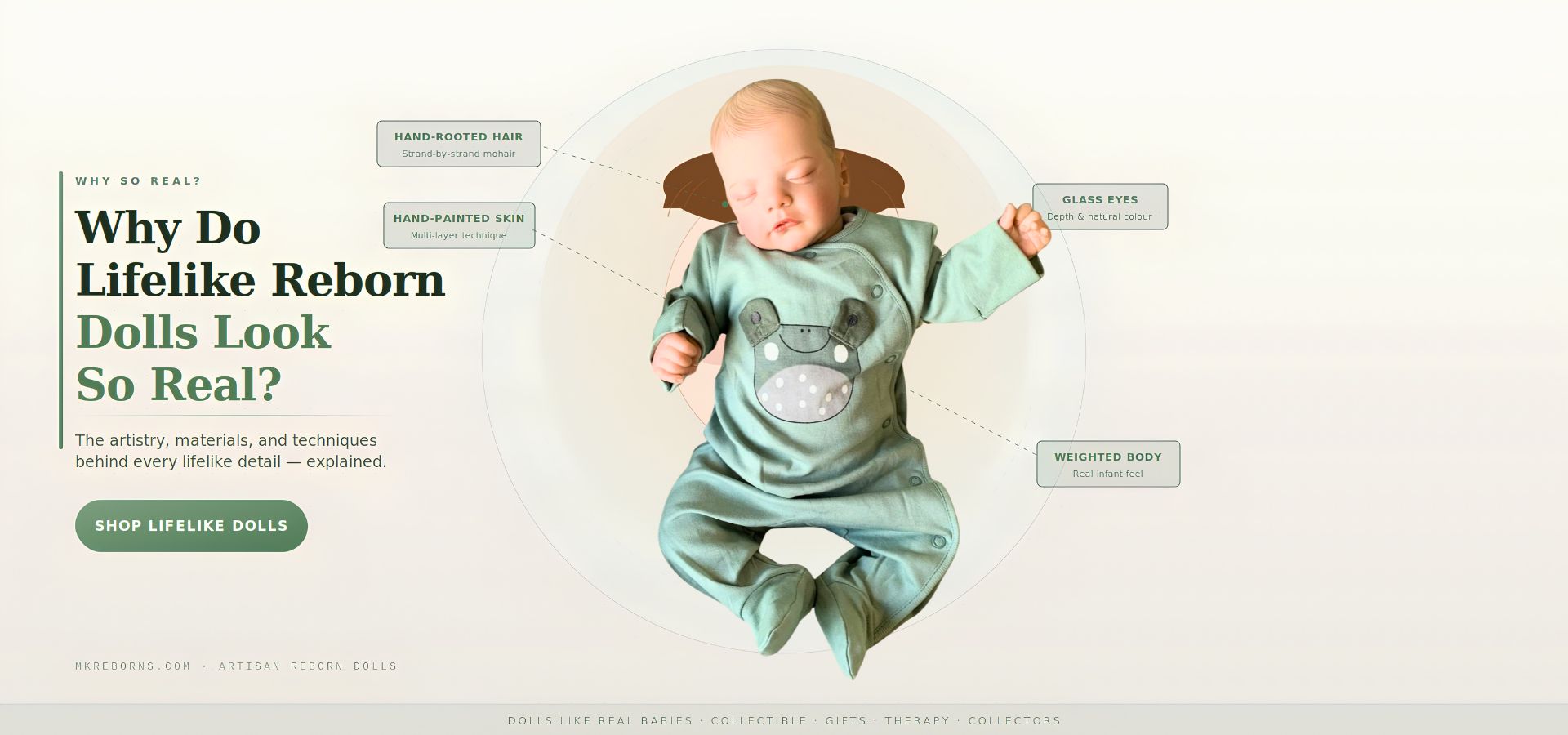 Close-up of a realistic reborn doll baby with detailed features and lifelike appearance.