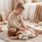 Adorable toddler playing with a realistic reborn doll on a cozy rug.