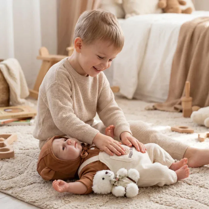 Adorable toddler playing with a realistic reborn doll on a cozy rug.