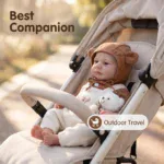 Adorable baby girl doll in stroller with teddy bear, outdoor travel scene.