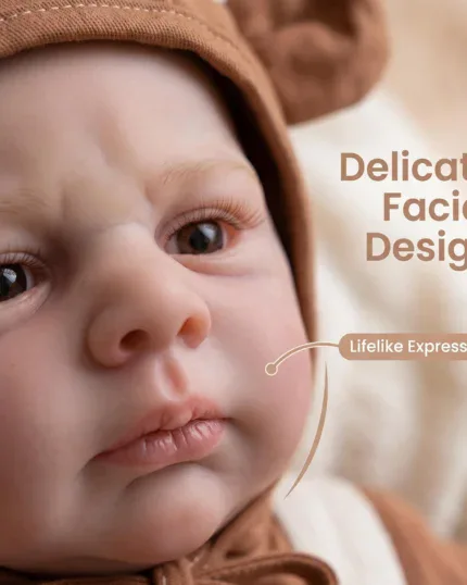 Close-up of a realistic baby doll face with delicate features and lifelike expression.