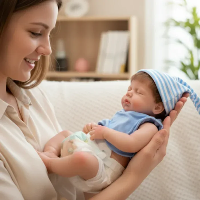 Mother holding Bodhi & Maren silicone reborn baby dolls with a smile.