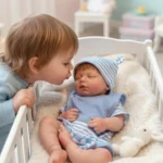 Realistic silicone reborn baby doll with a young child.