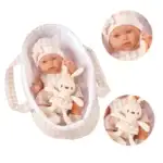 Adorable 14-inch baby girl reborn doll with bunny plush toy and matching outfit.