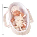14-inch baby girl reborn doll in basket with plush bunny toy.