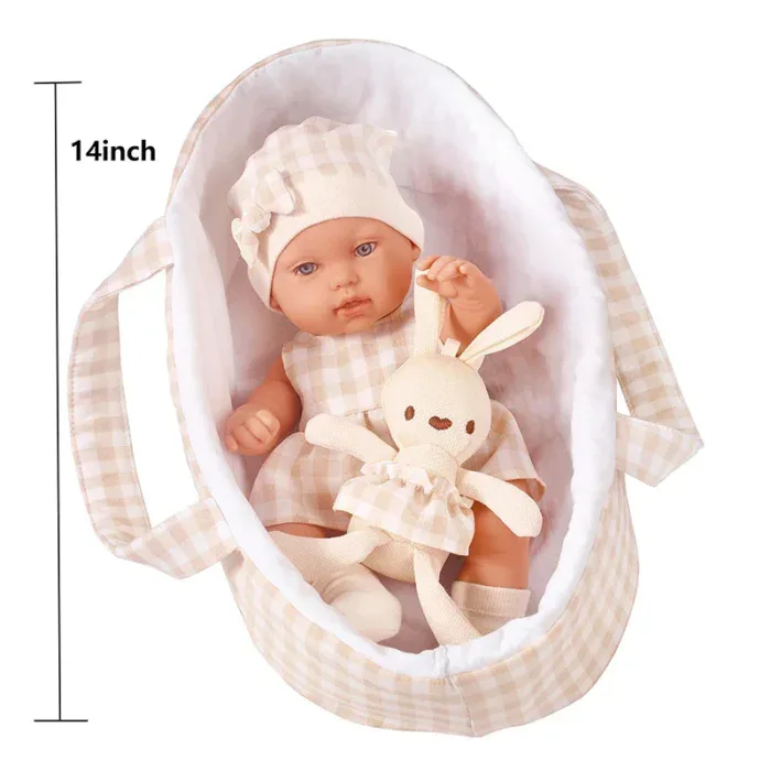 14-inch baby girl reborn doll in basket with plush bunny toy.