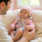 Realistic baby girl doll napping with a parent, soft silicone, detailed features.