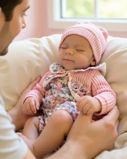 Realistic baby girl doll napping with a parent, soft silicone, detailed features.