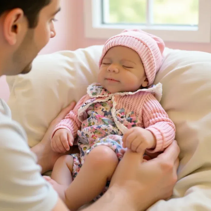 Realistic baby girl doll napping with a parent, soft silicone, detailed features.