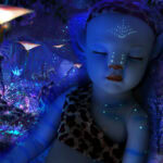 Reborn baby doll with glowing face paint in a fantasy-themed scene.