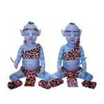Reborn baby doll with blue skin, elf ears, and leopard print clothing.
