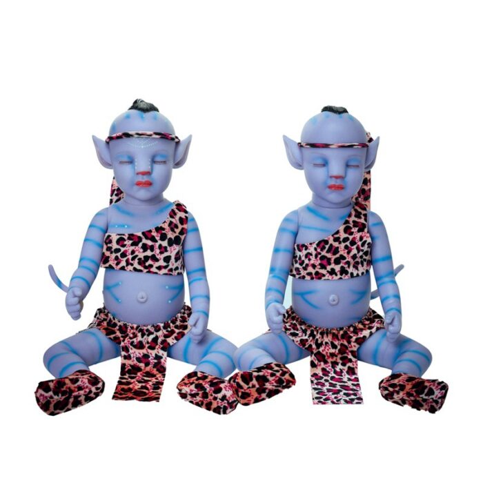 Reborn baby doll with blue skin, elf ears, and leopard print clothing.