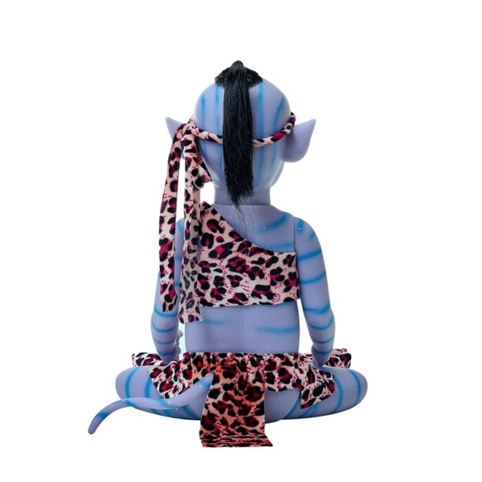 Reborn girl doll with blue skin, elf ears, and leopard print clothing.
