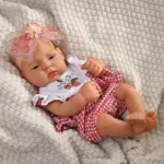 Reborn baby doll wearing a red and white checkered outfit with a pink bow headband.
