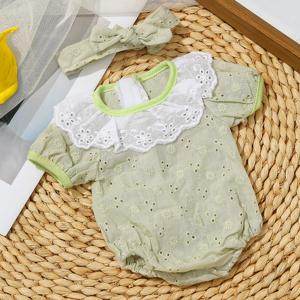 16 Inch Reborn Clothes Sweater Jumpsuit and Pinafore Set 71 Adorable green reborn baby girl jumpsuit with lace collar and matching headband.