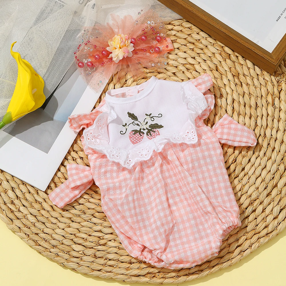 16 Inch Reborn Clothes Sweater Jumpsuit and Pinafore Set 75 Adorable pink gingham reborn baby romper with lace and strawberry embroidery.