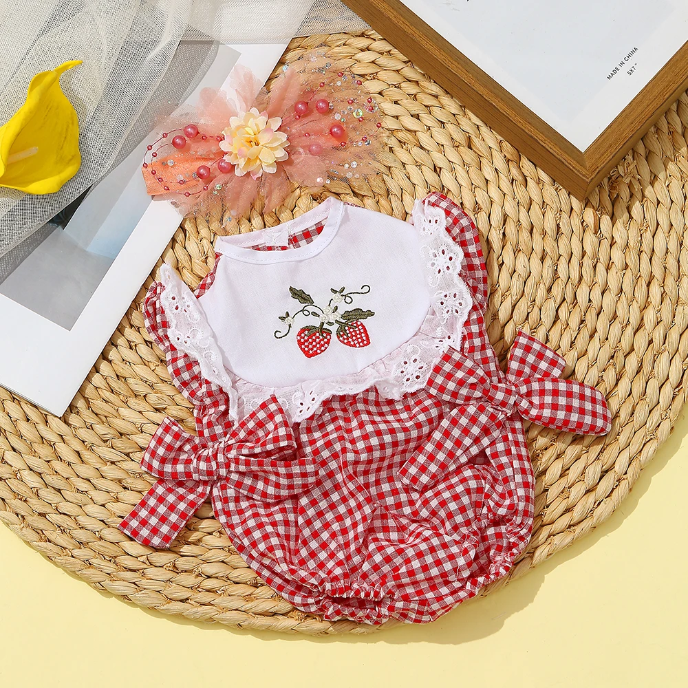 16 Inch Reborn Clothes Sweater Jumpsuit and Pinafore Set 77 Reborn baby clothes with cherry embroidery and gingham pattern.