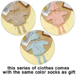 Colorful reborn baby clothes with socks and hat in beige, pink, and blue.