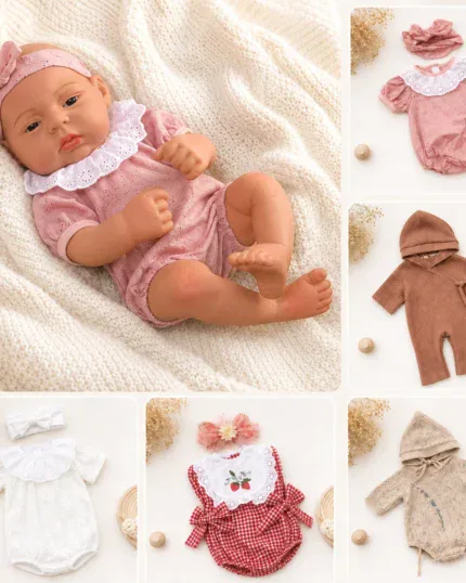 Reborn baby girl clothes set with sweater, jumpsuit, and accessories.