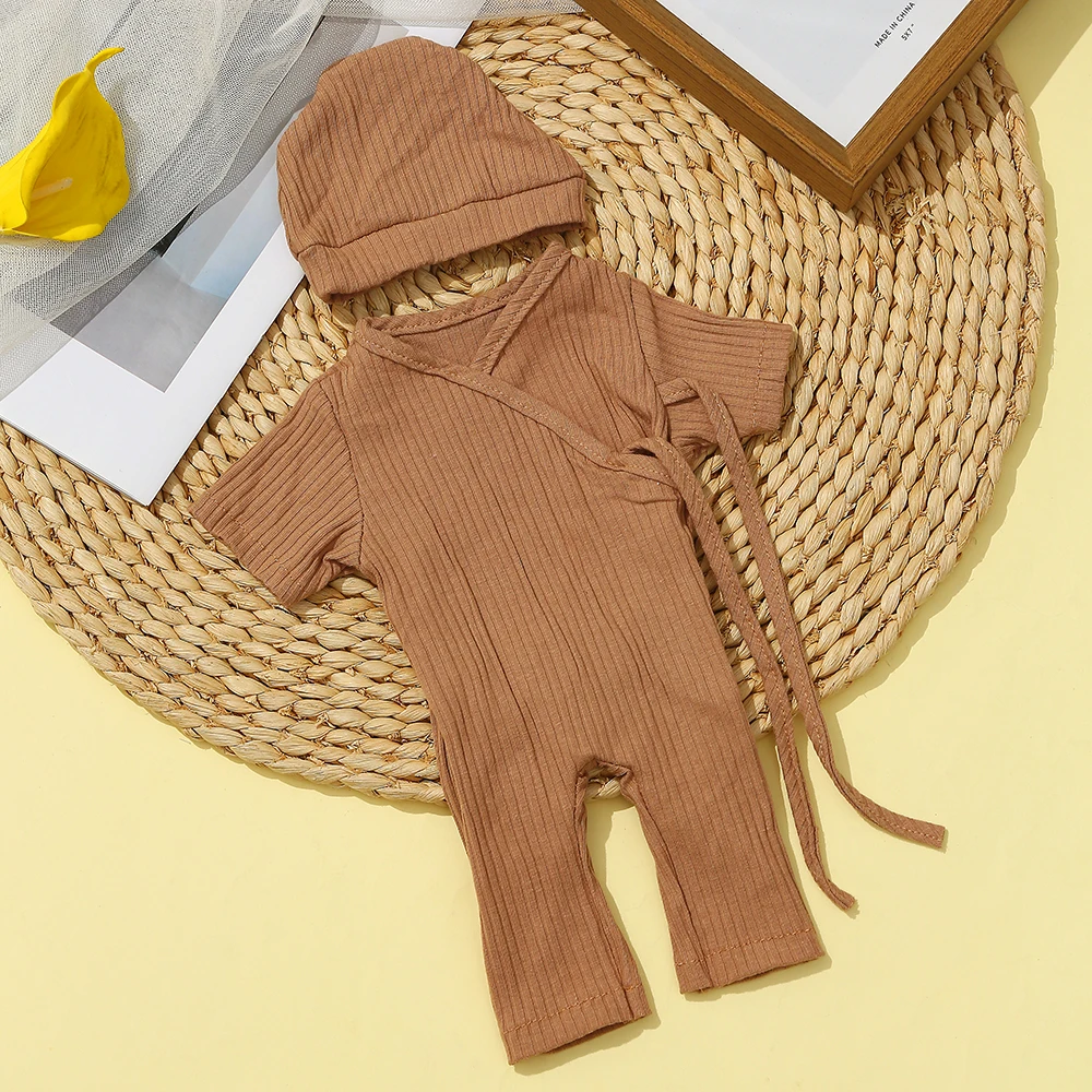 16 Inch Reborn Clothes Sweater Jumpsuit and Pinafore Set 81 Brown ribbed reborn clothes sweater jumpsuit with matching hat for dolls.
