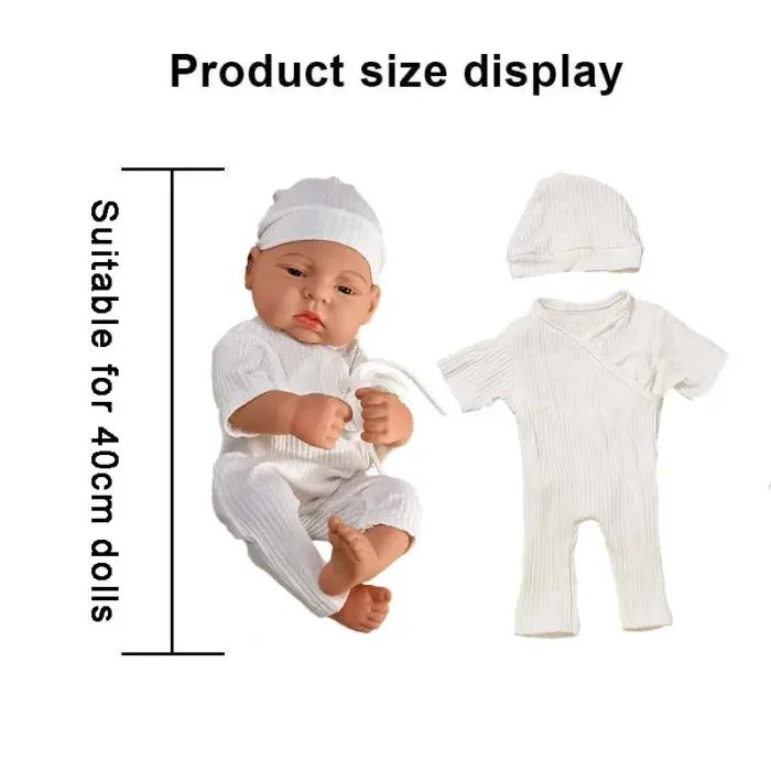 Baby doll clothes set with sweater, jumpsuit, and hat for 40cm dolls.