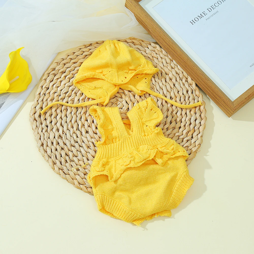 16 Inch Reborn Clothes Sweater Jumpsuit and Pinafore Set 83 Yellow knitted reborn doll clothes set with hat and romper.
