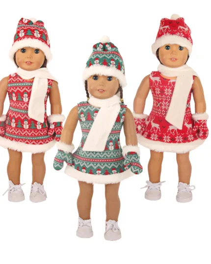 Three 18-inch dolls in Christmas outfits with hats and scarves.