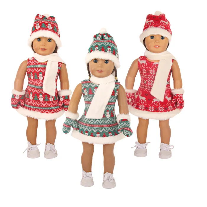 Three 18-inch dolls in Christmas outfits with hats and scarves.