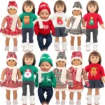 Set of 12 dolls in Christmas-themed outfits and sweaters for 18 inch dolls.