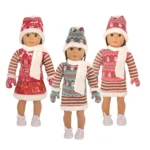 Three 18-inch dolls in Christmas outfits with hats, scarves, and shoes.