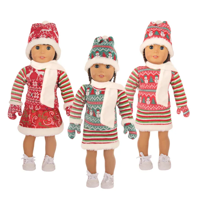 Three 18-inch dolls in Christmas outfits with hats, scarves, and shoes.