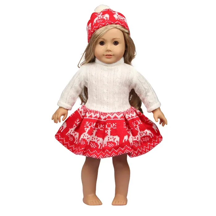 Festive Christmas doll outfit with reindeer pattern for 18 inch dolls.