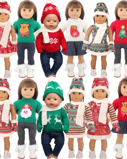Set of 12 dolls in Christmas-themed outfits and sweaters for 18 inch dolls.