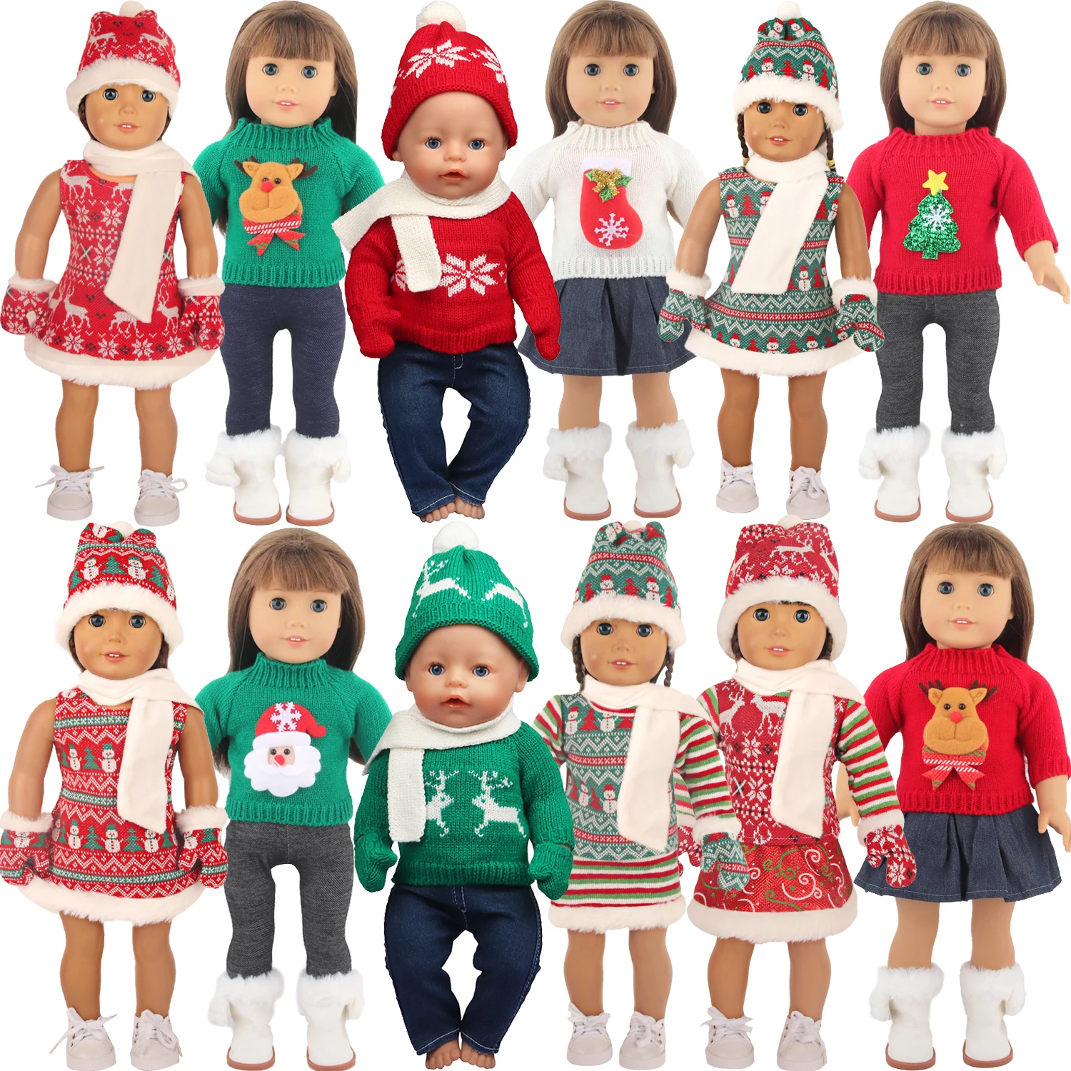 Christmas Doll Clothes Festive Outfits for 18 Inch Set of 12 dolls in Christmas-themed outfits and sweaters for 18 inch dolls.