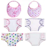 Reusable cloth doll diapers and bibs for 14-18 inch dolls.