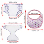 Doll diaper and bib set with measurements for 14-18 inch dolls.