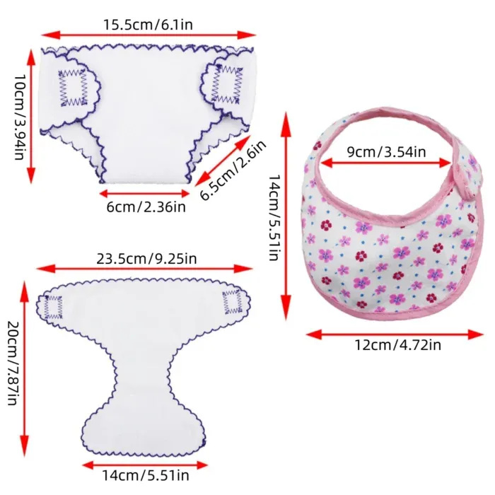 Doll diaper and bib set with measurements for 14-18 inch dolls.