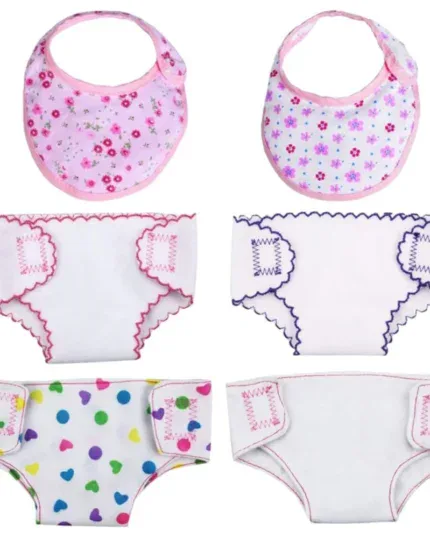 Reusable cloth doll diapers and bibs for 14-18 inch dolls.