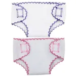 Two cloth doll diapers with colorful stitching for 14-18 inch dolls.
