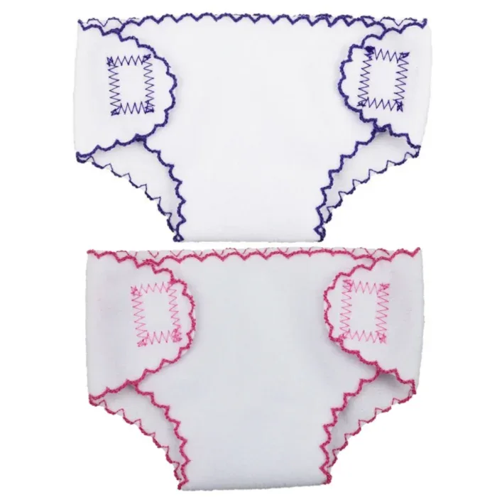 Two cloth doll diapers with colorful stitching for 14-18 inch dolls.