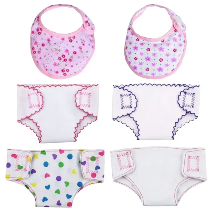 Reusable cloth doll diapers and bibs for 14-18 inch dolls.