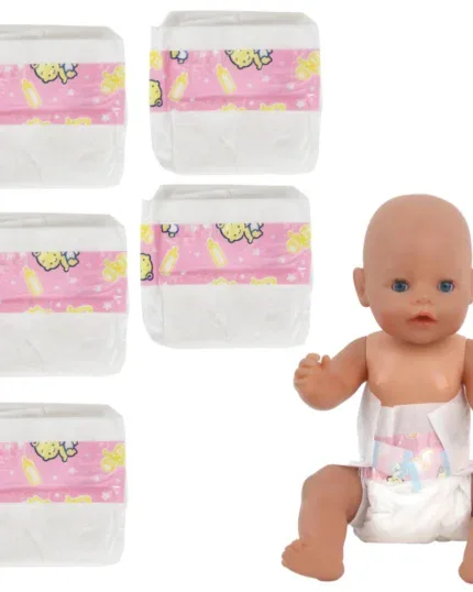 Set of five disposable diapers for 14-18 inch reborn dolls with pink and yellow design.