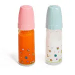 Two doll bottles with colorful designs for feeding dolls.