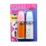 Two doll bottles with pink and blue caps for feeding dolls.