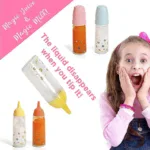 Doll bottles with colorful caps and a girl playing with them.