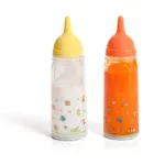 Two doll bottles with colorful caps and cute animal prints for feeding dolls.